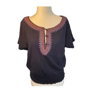 American Eagle Embroidered Top Navy Blue Red Green Knit Round Neck Smocked S